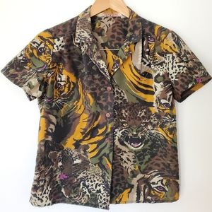 Wild Cat Safari Camouflage Print Short Sleeve Collared Button Down Vinta…